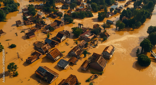 Aerial View of an Indonesian Village Submerged Under Floodwater, Capturing the Devastating Impact of Natural Disasters and Climate Change, with Inundated Homes, Roads, and Farmlands Highlighting Vulne