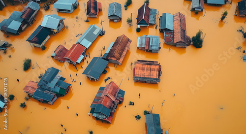 Aerial View of an Indonesian Village Submerged Under Floodwater, Capturing the Devastating Impact of Natural Disasters and Climate Change, with Inundated Homes, Roads, and Farmlands Highlighting Vulne