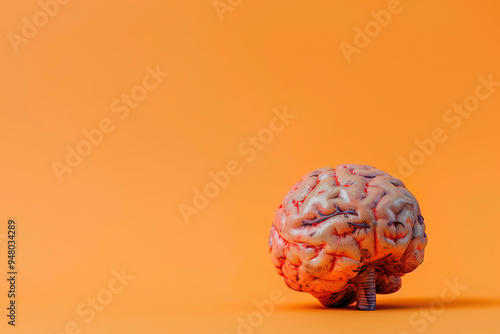 Human brain model with orange background. World meningitis day, close-up, copy space