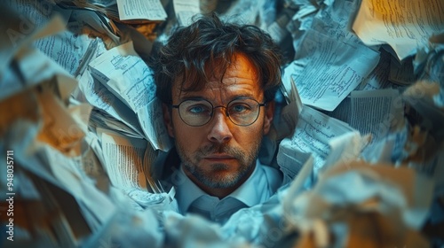 Man Overwhelmed by Paperwork