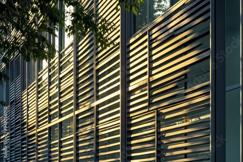 Modern office building facade with sunlight shadows