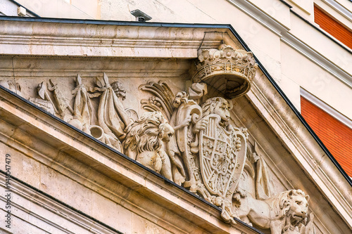 Medieval stone pediment with coat of arms, Madrid, Spain