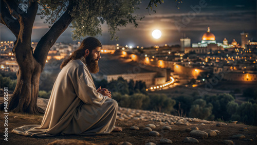 A man reflected in prayer overlooking Jerusalem at night with a glowing moon in the sky