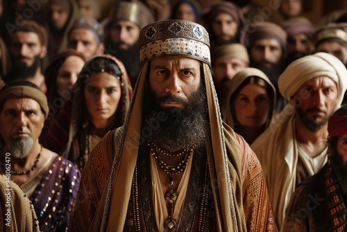 Hebrew leader with followers in traditional dress