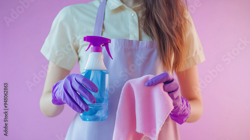 Cleaning illustration. Housekeeper, cleaner in an apron with a cleaning agent and a rag in her hands