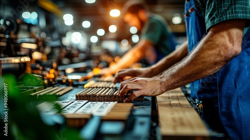 A traditional letterpress workshop, with artists carefully placing type blocks to create a design