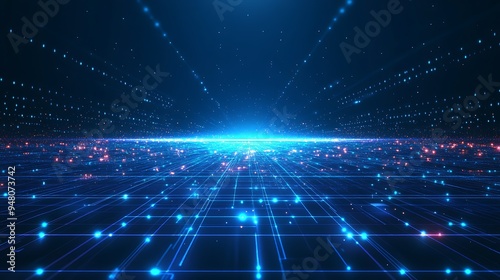 Futuristic digital landscape featuring a glowing blue grid with light particles and depth perspective, representing technology and innovation.