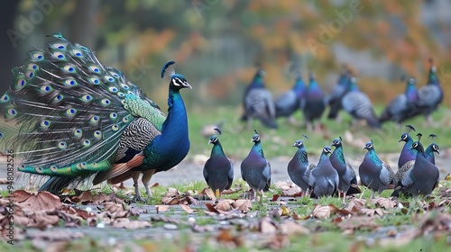 A peacock with its tail feathers spread stands with a group of peacocks in front of a group of ducks.