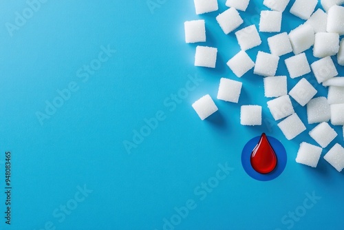 White Sugar Cubes and a Red Blood Drop on Blue Background