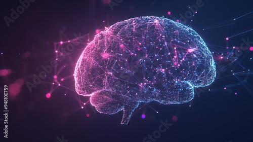 A striking digital representation of a brain, showcasing a network of glowing connections in pink and blue tones.