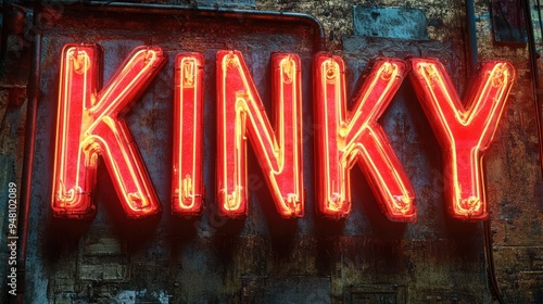 Bright neon sign spelling 'KINKY' in bold letters against a weathered backdrop.