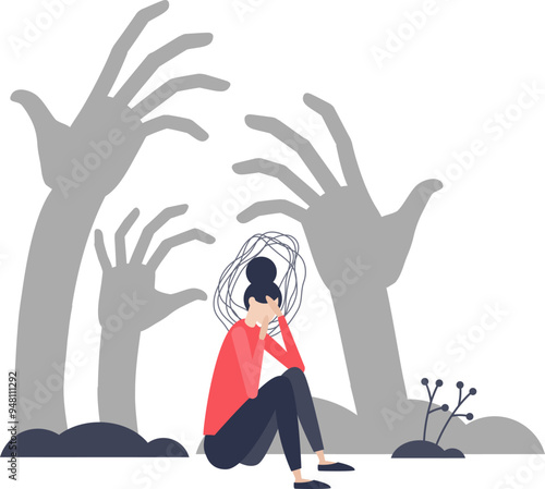 Illustration of a person with tangled thoughts, overshadowed by large hands, symbolizing schizophrenia's overwhelming nature.