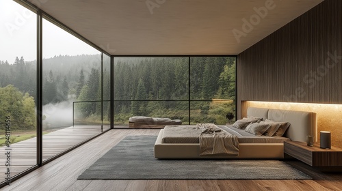 With large windows and plants, this forest view white bedroom interior design 3D renders a scandinavian minimalist style