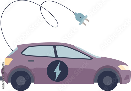 Illustration of a purple electric vehicle with a charging plug, symbolizing eco-friendly transportation.