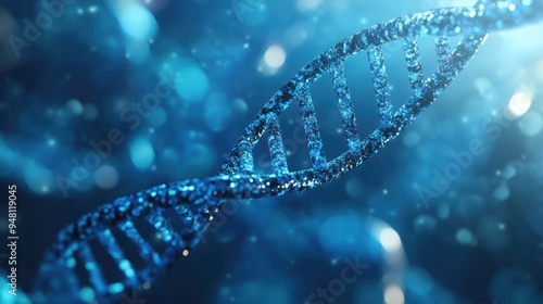 Close-up view of a blue DNA double helix structure shimmering against a blurred background, symbolizing genetics and biological research.