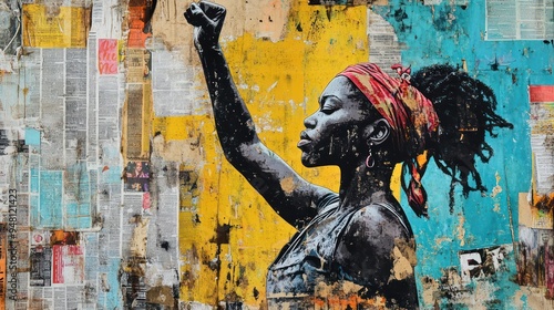 A Black woman raises her fist in a powerful pose against a vibrant, mixed-media backdrop, showcasing strength and resilience.