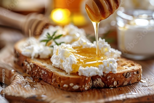 Delicious breakfast toast topped with creamy cottage cheese and golden honey, perfect for a refreshing morning meal at home