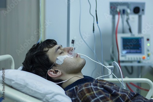 Man in Hospital Bed with Medical Equipment