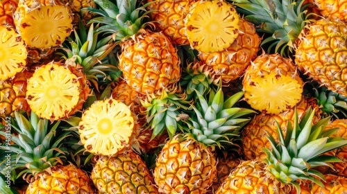 A vibrant pineapple pattern fills the background with bright yellow and green hues, showcasing the fruit's textured surface in a seamless, repeating design.