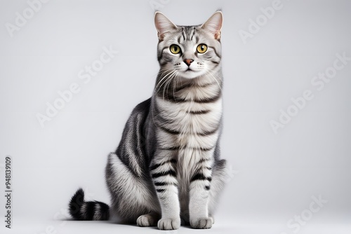 A charming american shorthair cat with a silver tabby coat and bright eyes sitting on a white background, AI Generated