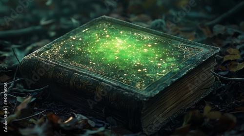 Bewitched book with magic glows in the darkness.