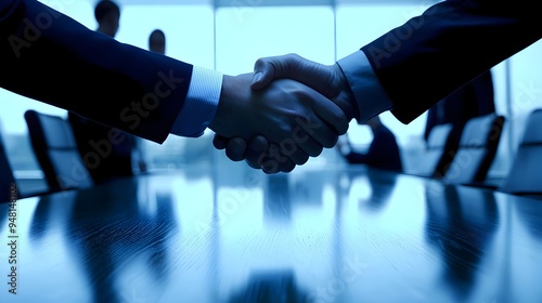 Business Partners Shaking Hands in Blurred Conference Room Symbolizing Successful