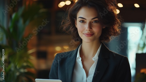 Portrait of happy businesswoman with touchpad in office looking at camera.