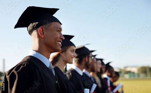 Happy people, students and graduation with class in line at ceremony for academic achievement or diploma. Young, group or graduates with smile in row together for degree, certificate or qualification