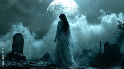 A vengeful La Llorona bride ghost stands in a spooky graveyard, representing the traditional Hispanic legend. Suitable for Halloween and horror themes.