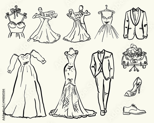 Beuaitufl collection of vector whimsical style illustrations with a bride and groom big day outfits