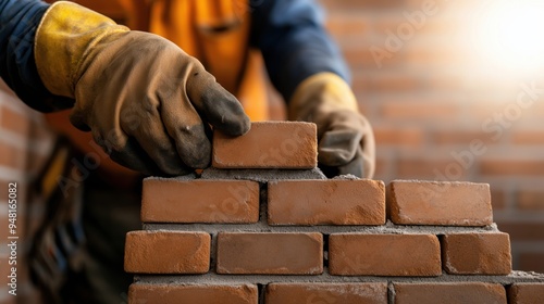 Industrial bricklayer installing bricks on construction site