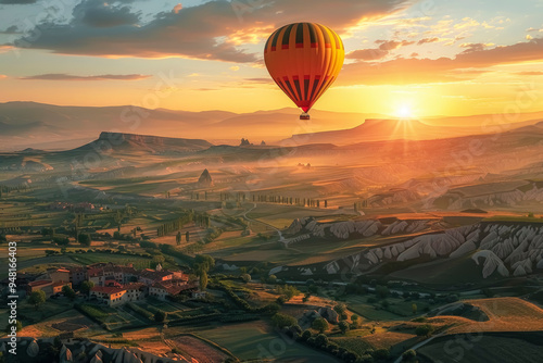 A hot air balloon ride over an exotic landscape. The impressive cliffs create a sense of adventure.