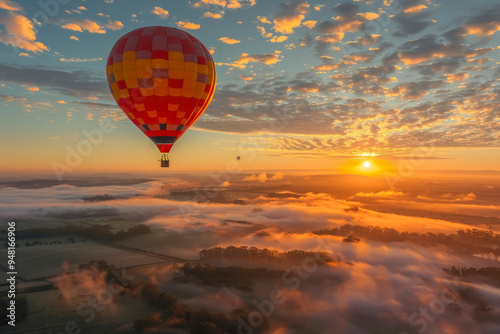 A hot air balloon floating above bright, sunlit clouds in the morning. The sun paints the scene in soft yellows and pinks. The clouds appear almost translucent, glowing with a soft luminescence.