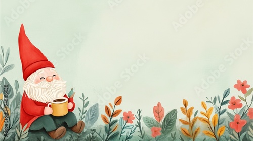 Garden gnome enjoying coffee in a flower-filled meadow.