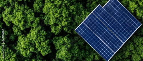 aerial view of solar panels in a lush green forest for sustainable energy and carbon neutrality.