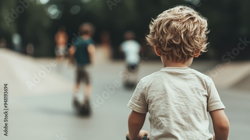 A young child observes other kids playing in a skate park, capturing a serene moment of curiosity and anticipation as they prepare to join in the fun and excitement.