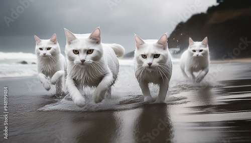 manada de gatos blancos, corriendo por la playa