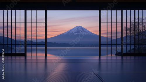 障子窓から夕暮れに映える富士山