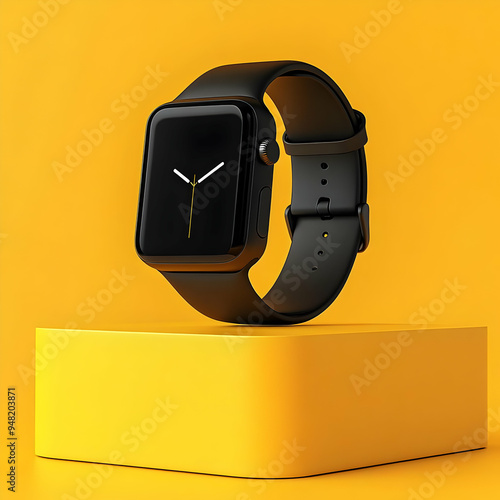 Modern smartwatch on a vibrant yellow background, showcasing sleek design and technology for fitness and notifications.