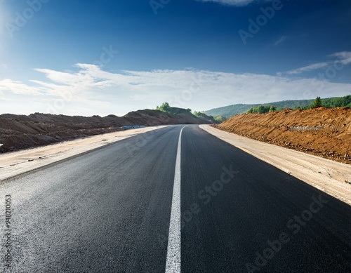 Route droite en asphalte en construction et inachevée avec un ciel bleu dans la campagne