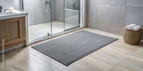 A sleek, absorbent bath mat with advanced quick-dry technology lies beside a sleek shower door, epitomizing practicality, efficiency, and modern bathroom convenience.