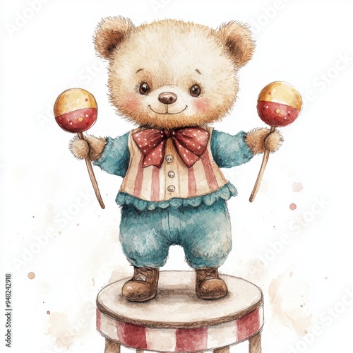 Watercolor painting of a cute and adorable baby bear dressed in a circus ringleader outfit