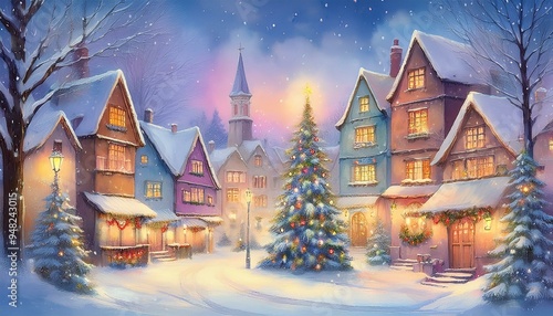 snowy village with old houses, christmas tree in the middle with lights in the windows and lanterns and illuminated houses. watercolor style