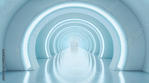 Futuristic white corridor with arched doorways, soft light blue neon lighting, infinite perspective, reflective floor, minimalist sci-fi interior, symmetrical composition, clean lines.