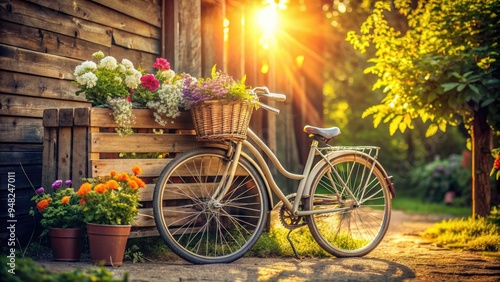 Warm sunlight casts a golden glow on a vintage bicycle parked amidst rustic wooden crates and fresh flowers in a charming rural scene.