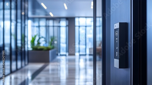 Photograph of a modern IoT enabled office entry system featuring touchless access control technology for a seamless secure and hands free entry experience in a sleek minimalist workspace