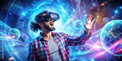 Immersed in a futuristic world, a person wearing VR goggles gestures with excitement, interacting with vivid 3D objects in a remarkably realistic augmented reality experience.