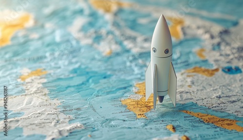 Toy rocket on a world map representing travel and exploration.