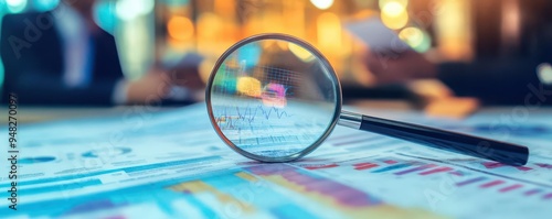 Credit Risk Assessment A magnifying glass over a bond, revealing a detailed credit score report, with analysts in the background discussing risk factors