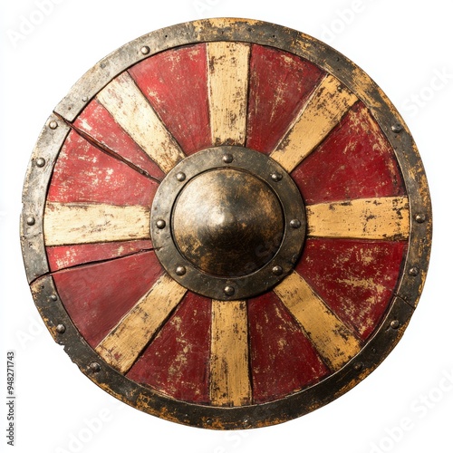 A Roman centurion's shield with faded colors, ancient armor, soft red and gold tones, isolated on white background